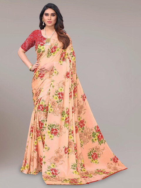 

SHAIBO SAREE Peach-Coloured & Green Floral Silk Blend Saree