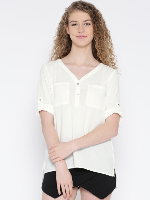 

ONLY Women White Solid Semi-Sheer Top