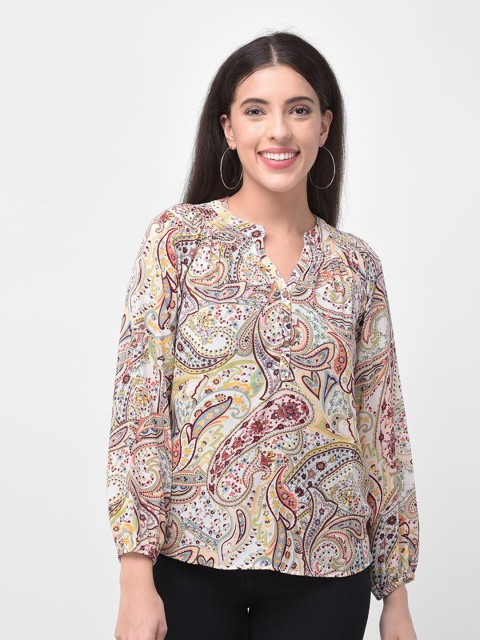 

250 DESIGNS Beige & Maroon Print Mandarin Collar Georgette Top