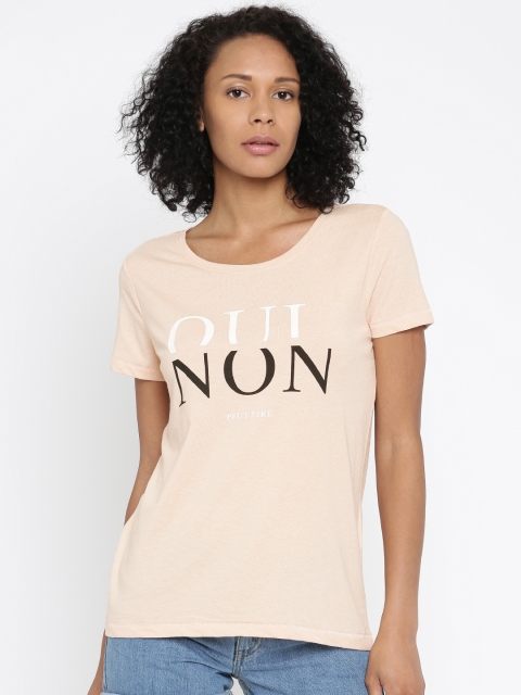 

ONLY Women Peach-Coloured Printed Round Neck T-shirt