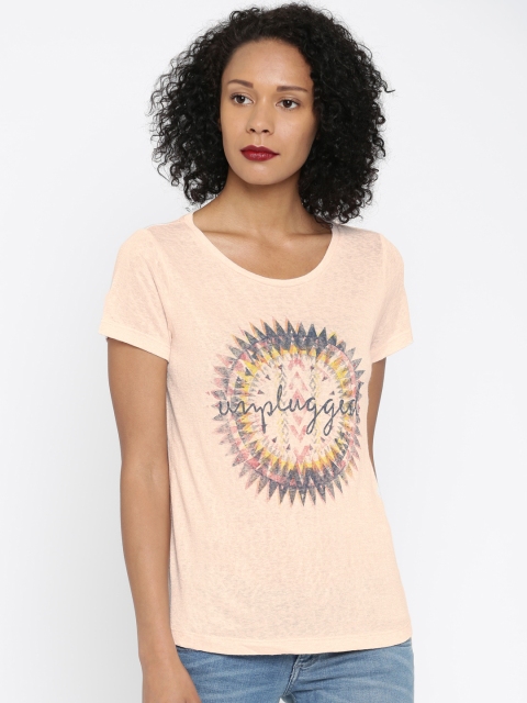 

ONLY Women Peach-Coloured Printed Round Neck T-Shirt