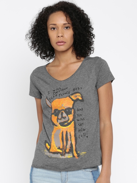 

ONLY Women Grey Printed V-Neck T-shirt