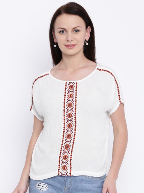 

Jealous 21 Women White Embroidered Boxy Top