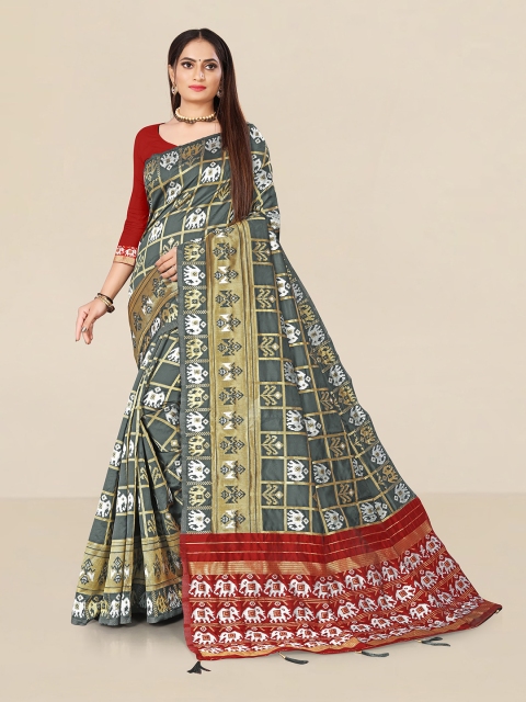 

UNITED LIBERTY Women Grey & Red Checked Zari Art Silk Patola Saree