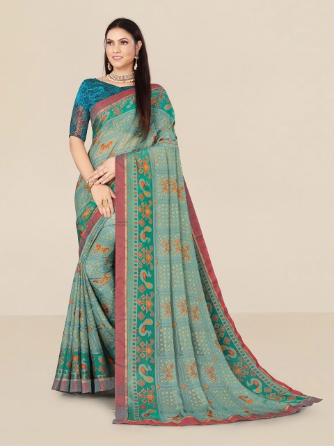 

UNITED LIBERTY Women Turquoise Blue Woven Design Zari Pure Chiffon Banarasi Saree