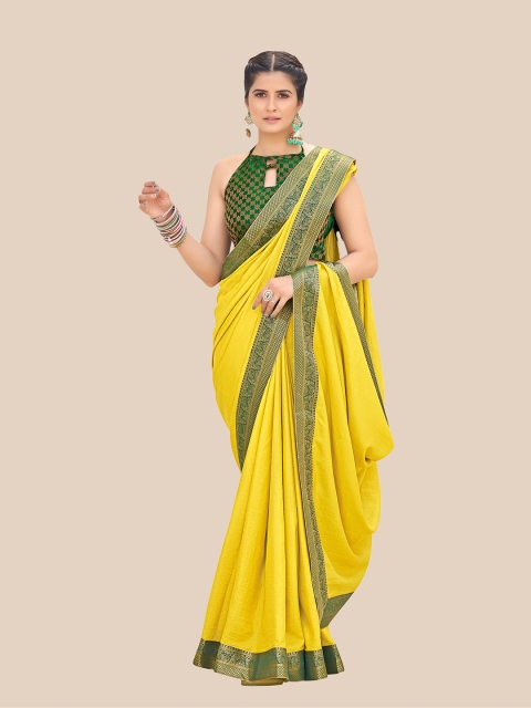

UNITED LIBERTY Women Yellow & Green Zari Pure Chiffon Banarasi Saree