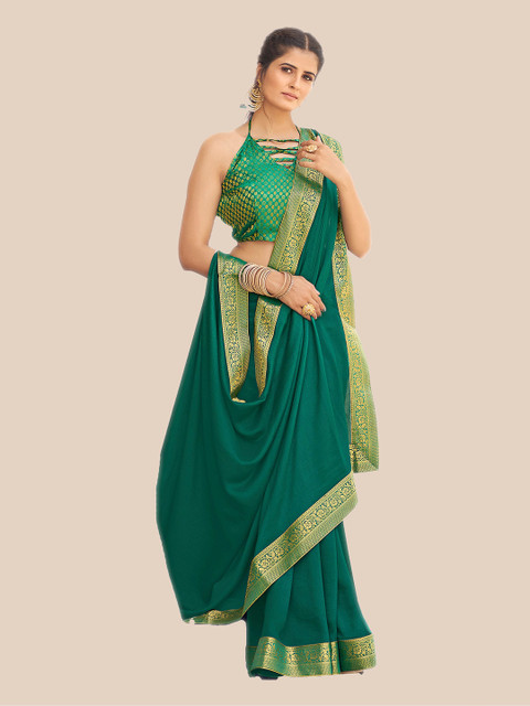 

UNITED LIBERTY Women Dark Green & Gold-Toned Zari Pure Chiffon Banarasi Saree