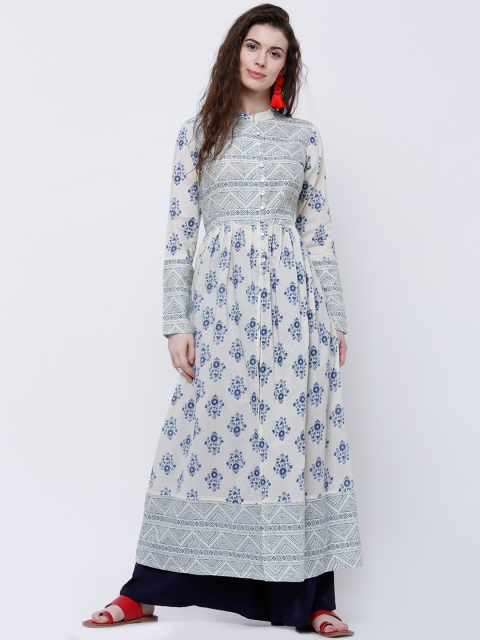 

Vishudh Women Off-White & Blue Printed A-Line Kurta