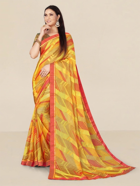 

UNITED LIBERTY Women Yellow & Red Woven Design Zari Pure Chiffon Banarasi Saree