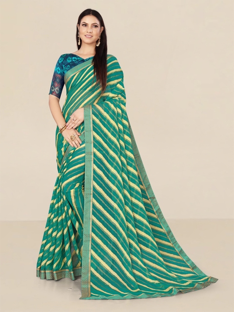 

UNITED LIBERTY Women Turquoise Blue & Cream Leheriya Pure Chiffon Banarasi Saree
