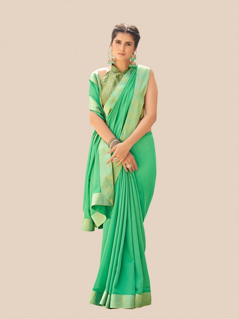 

UNITED LIBERTY Women Green & Gold-Toned Zari Pure Chiffon Banarasi Saree