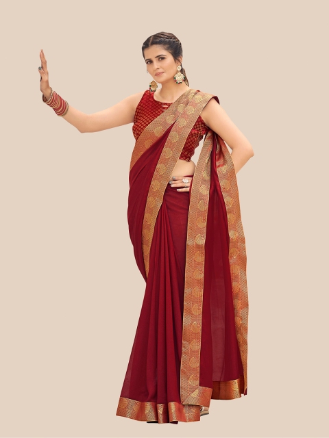 

UNITED LIBERTY Women Maroon & Gold-Toned Zari Pure Chiffon Banarasi Saree