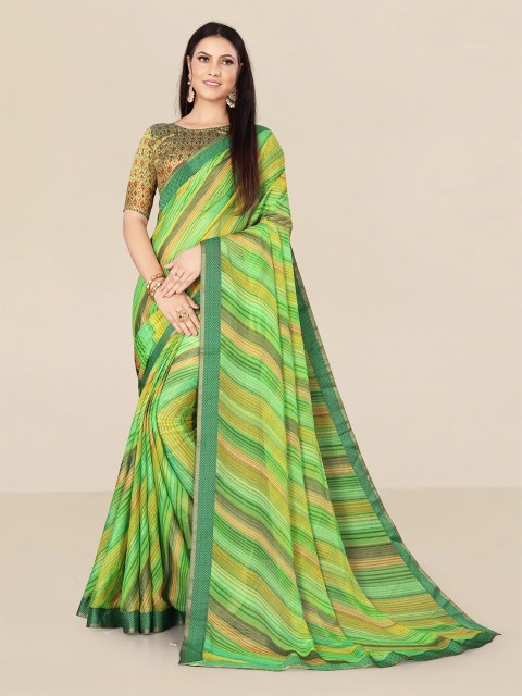 

UNITED LIBERTY Women Green & Mustard Leheriya Zari Pure Chiffon Banarasi Saree