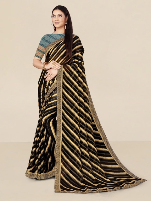 

UNITED LIBERTY Women Black & Gold Toned Striped Zari Pure Chiffon Banarasi Saree