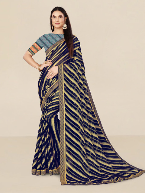

UNITED LIBERTY Blue & Gold-Toned Leheriya Zari Pure Chiffon Banarasi Saree