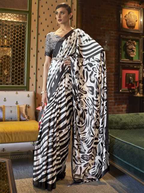 

elora White & Black Satin Crepe Digital Printed Saree