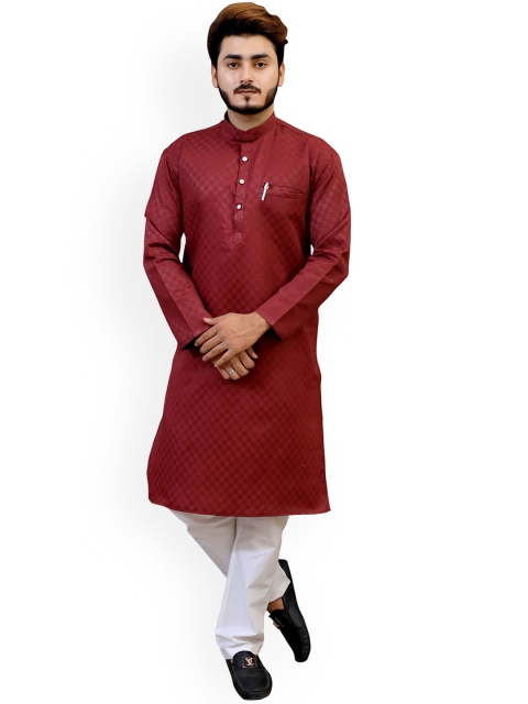 

Tibra Collection Men Maroon Checked Pure Cotton Kurta with Pyjamas