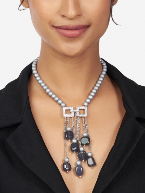 

Ahaanya Grey & White Brass Rhodium-Plated Bohemian Necklace