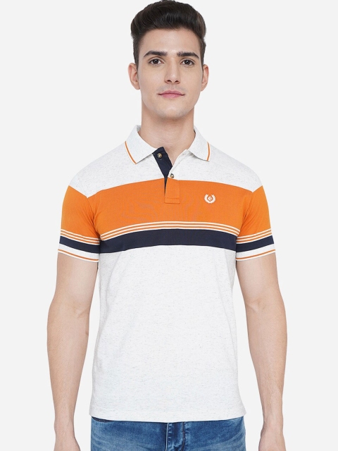 

Greenfibre Men White & Orange Colourblocked Polo Collar Slim Fit T-shirt