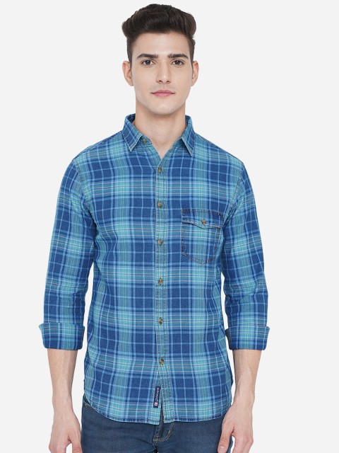 

Greenfibre Men Blue Slim Fit Tartan Checked Cotton Casual Shirt