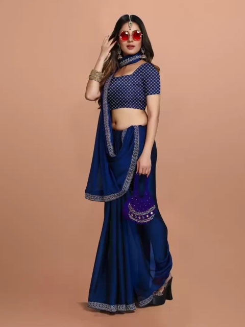 

NPLASH FASHION Navy Blue & White Mirror Work Silk Cotton Ready to Wear Mysore Silk Saree