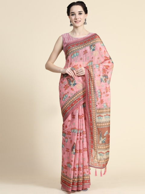

KALANANDI Pink & Blue Kalamkari Zari Saree
