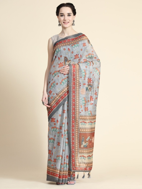 

KALANANDI Grey & Blue Kalamkari Saree