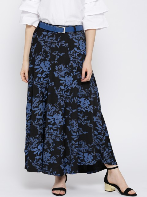 

Ira Soleil Black & Blue Floral Print Belted Maxi Flared Skirt