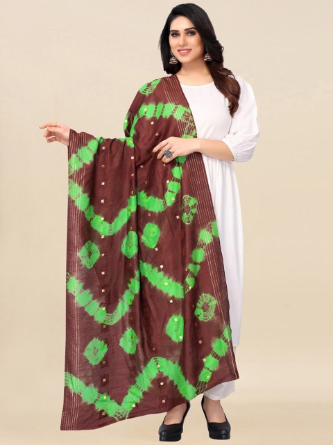 

SIRIL Brown & Green Printed Cotton Silk Bandhani Dupatta with Zari