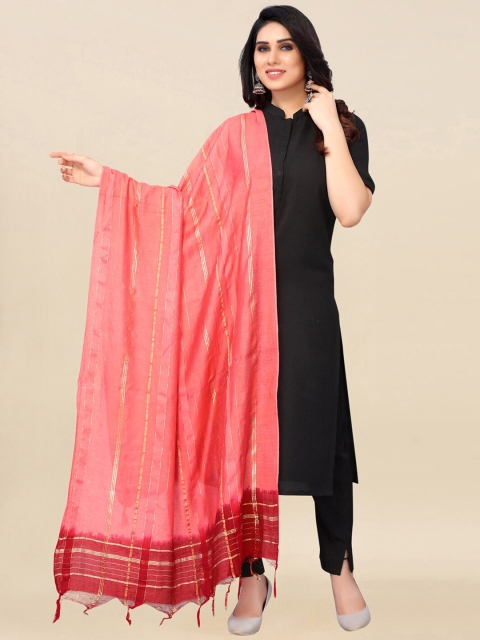 

SIRIL Pink & Red Dyed Cotton Silk Dupatta with Zari