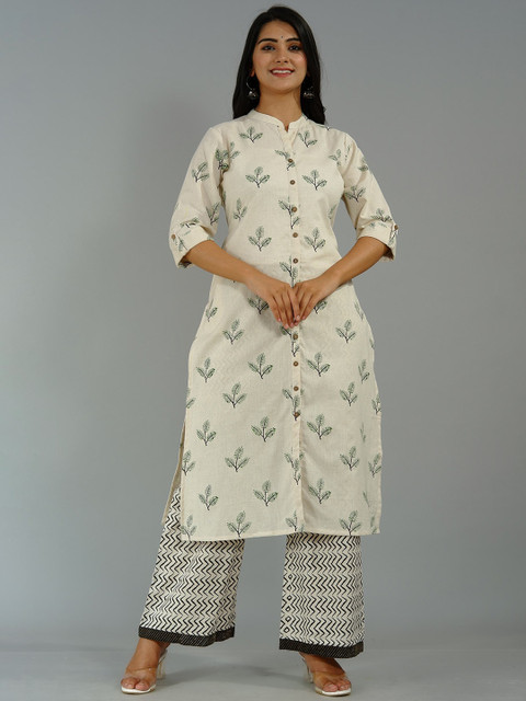 

Tetalee Women Beige Printed High Slit Pure Cotton Kurti with Trousers