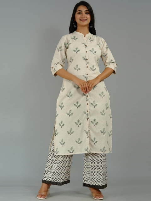 

Tetalee Women Beige Printed High Slit Pure Cotton Kurti with Trousers