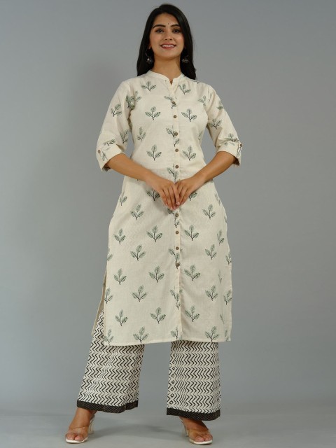 

Tetalee Women Beige Ethnic Motifs Printed Pure Cotton Kurti with Trousers