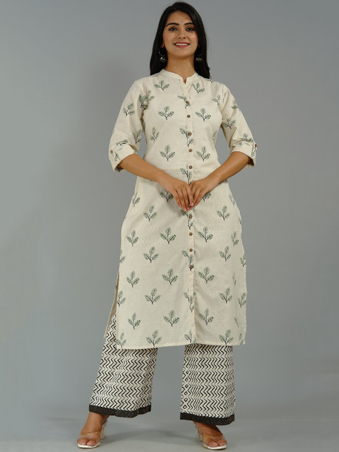 

Tetalee Women Beige Printed Pure Cotton Kurti with Trousers