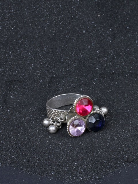 

SANGEETA BOOCHRA Silver-Toned White & Pink CZ-Studded Afghan Finger Ring