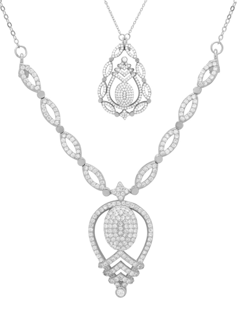 

ANAYRA 925 Sterling Silver Silver-Toned White Stone-Studded Pendant With Chain