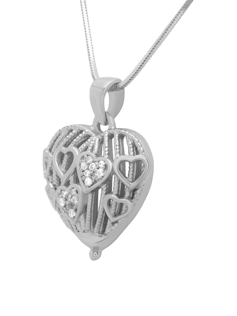 

ANAYRA 925 Sterling Silver Silver-Toned White Stone-Studded Pendant With Chain