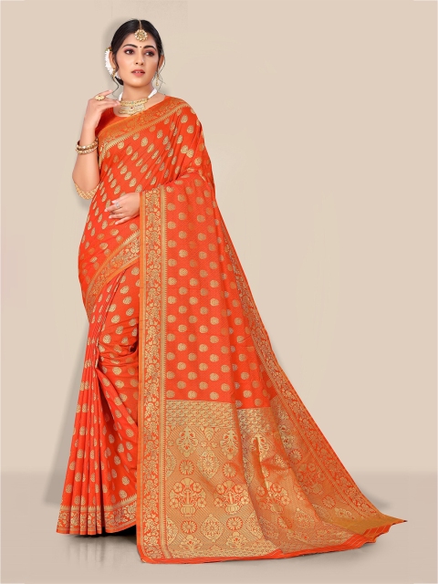 

Rivana Orange & Gold-Toned Ethnic Motifs Zari Pure Silk Banarasi Saree