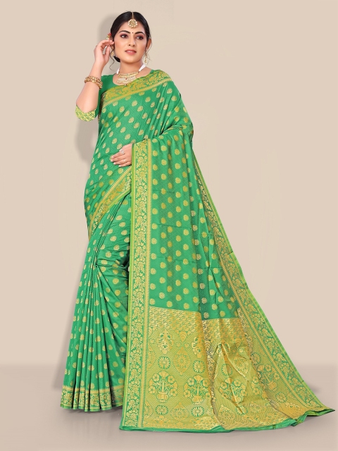 

Rivana Green & Gold-Toned Ethnic Motifs Zari Pure Silk Banarasi Saree