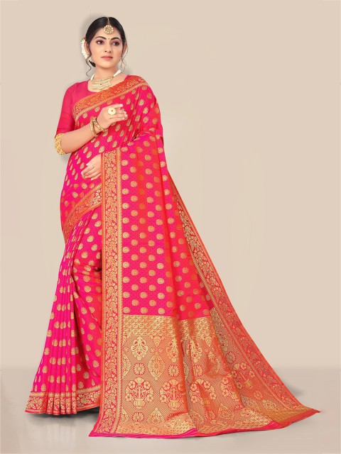

Rivana Pink & Gold-Toned Woven Design Zari Pure Silk Banarasi Saree