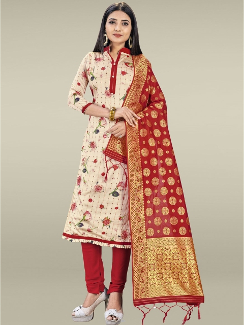 

SHADOW & SAINING Cream-Coloured & Maroon Unstitched Dress Material