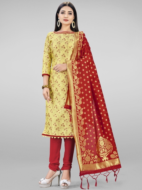 

SHADOW & SAINING Cream-Coloured & Red Unstitched Dress Material