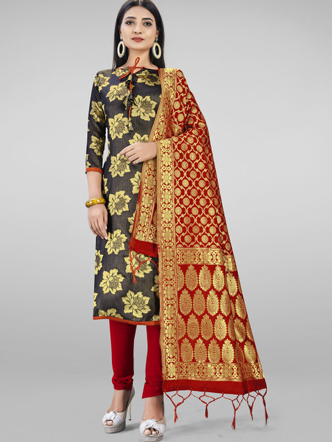 

SHADOW & SAINING Black & Red Unstitched Dress Material