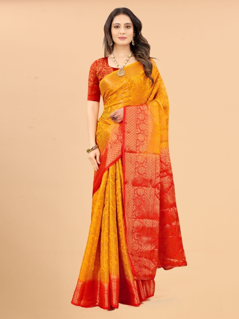 

RUHI FASHION Yellow & Red Floral Zari Banarasi Saree