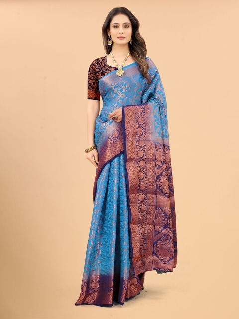 

RUHI FASHION Blue & Bronze-Toned Woven Design Zari Banarasi Saree
