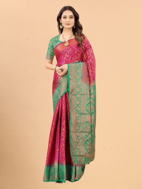 

RUHI FASHION Rose & Green Floral Zari Banarasi Saree