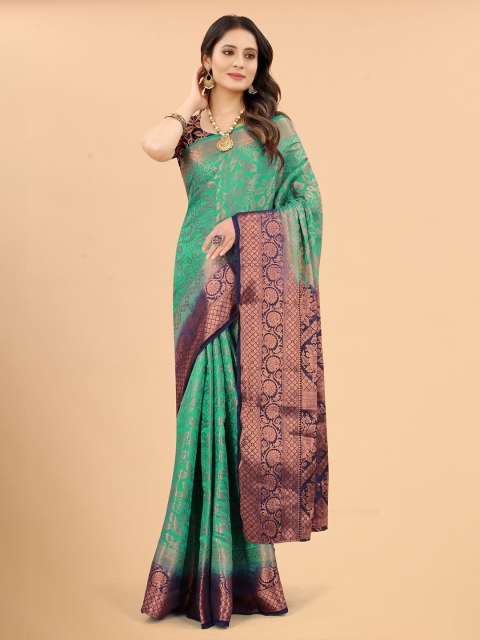 

RUHI FASHION Women Green & Navy Blue Woven Design Zari Banarasi Saree Blouse piece
