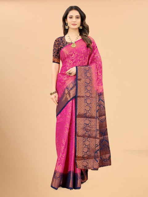 

RUHI FASHION Pink & Blue Floral Zari Banarasi Saree
