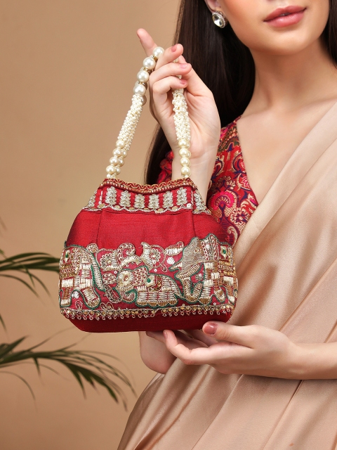 

Rubans Red & Gold-Toned Embellished Potli Clutch