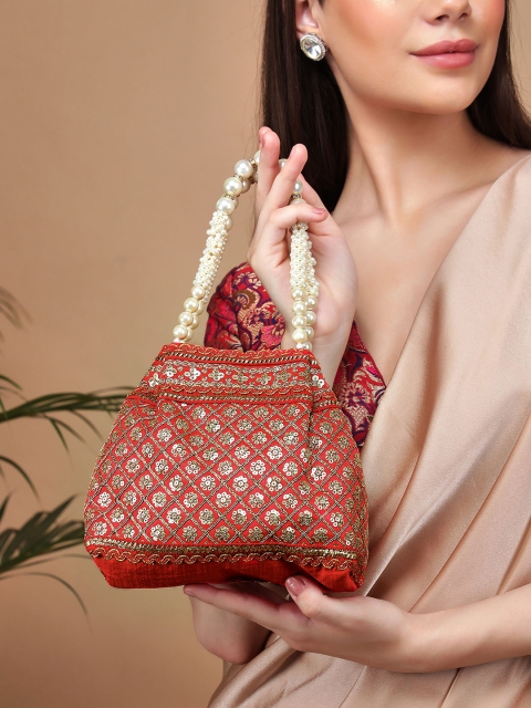 

Rubans Red & Gold-Toned Embroidered Potli Clutch
